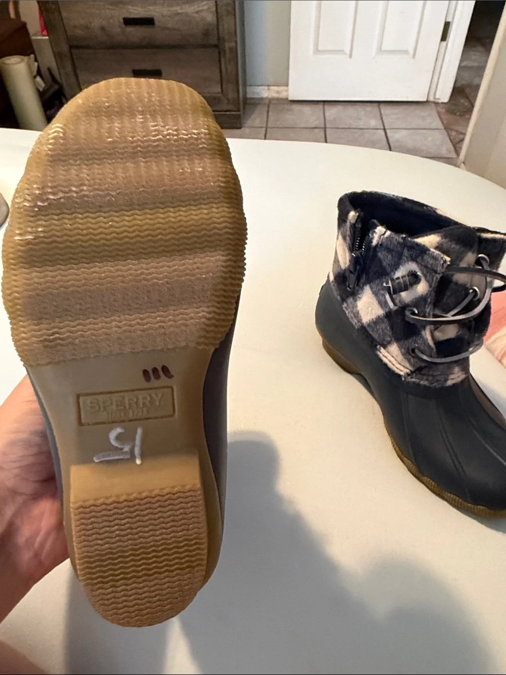 Sperry Navy and White Plaid Duck Boots - Kids